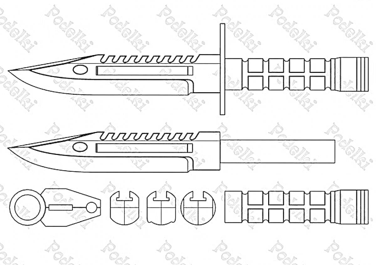 На раскраске изображено: Байонет, Нож, Оружие, Элементы, Детали