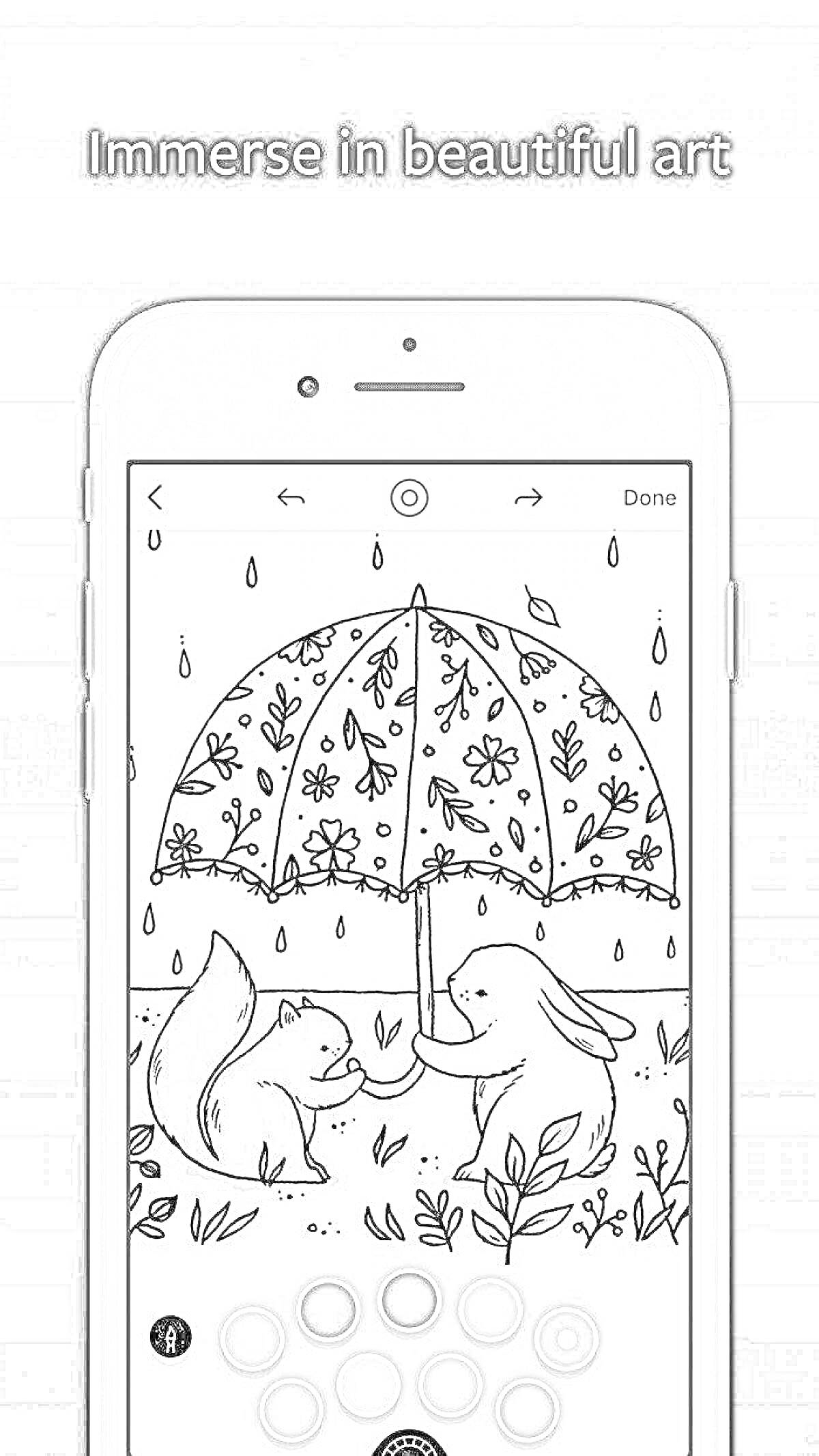 Раскраска Белка и заяц под зонтом с цветами и падающими каплями дождя