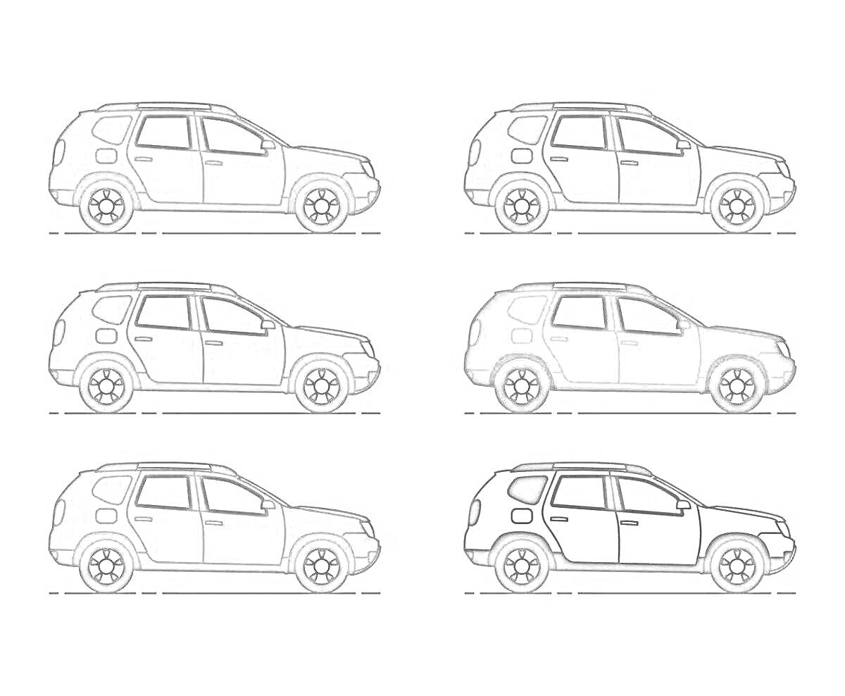 На раскраске изображено: Рено дастер, Renault Duster, Внедорожник, Градации серого, Белый