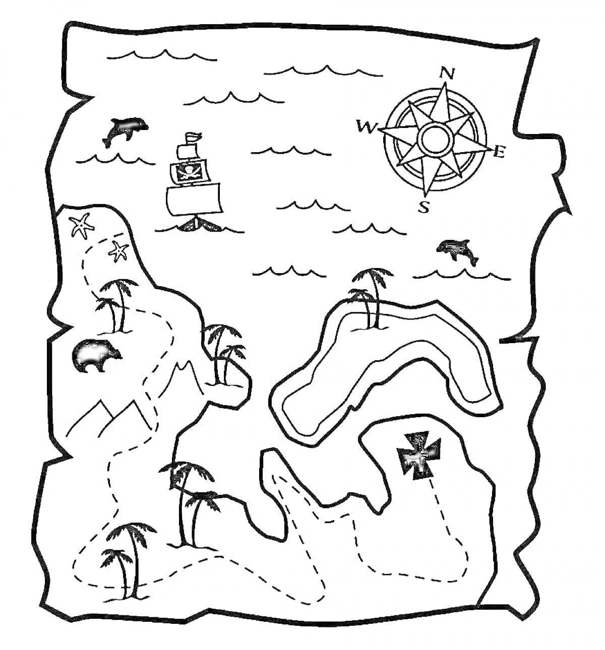 Раскраска Карта с островами, сокровищами, пальмами, медведями, компасом, кораблем и дельфинами.
