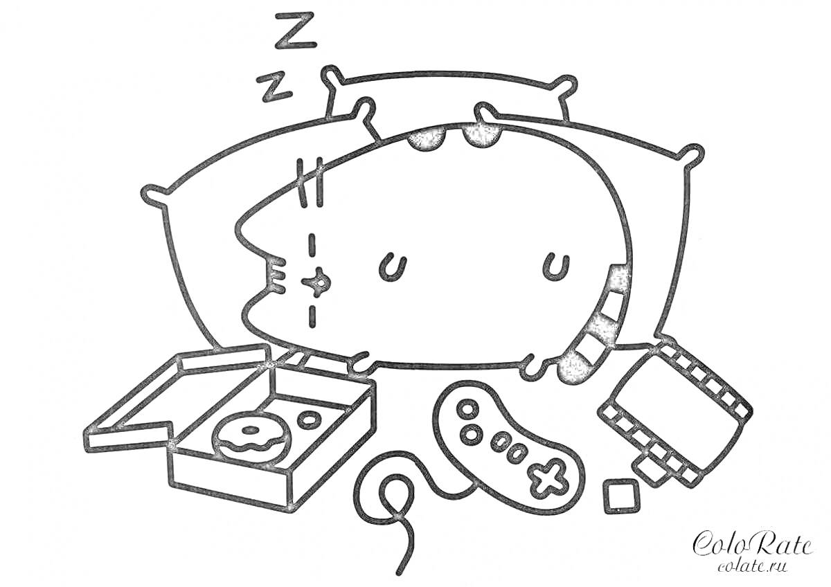 Раскраска Пушин спит на подушках с коробкой пончиков, геймпадом и катушкой пленки