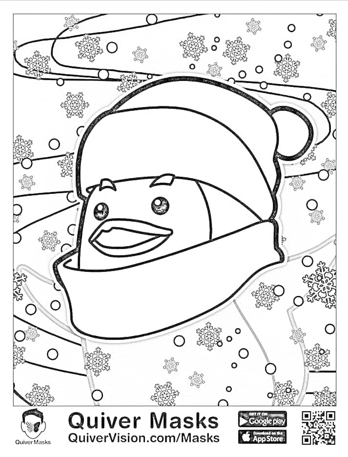 Раскраска Пингвин в шляпе и шарфе на фоне снежинок и лент