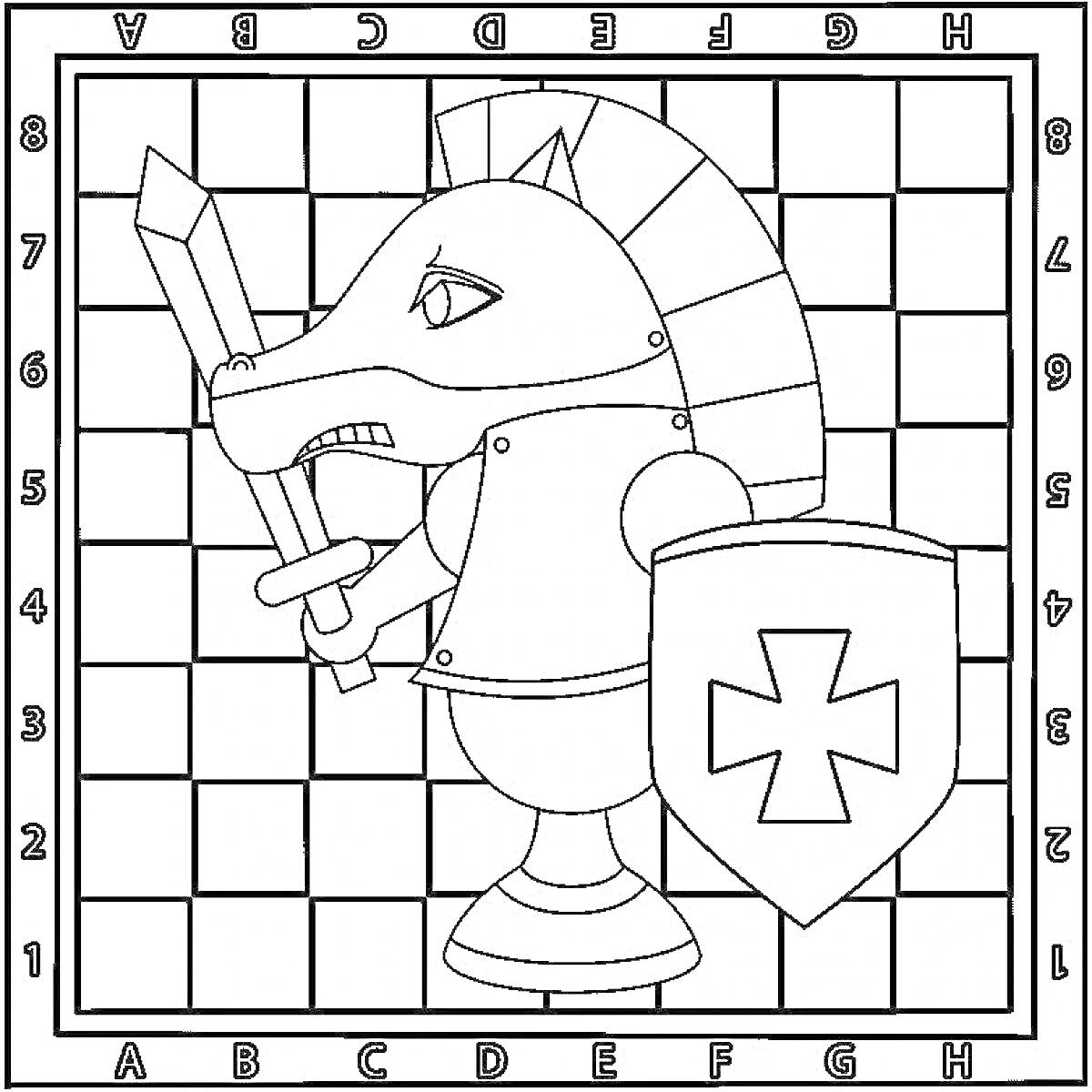 Раскраска Рыцарь-шахматный конь на шахматной доске с мечом и щитом