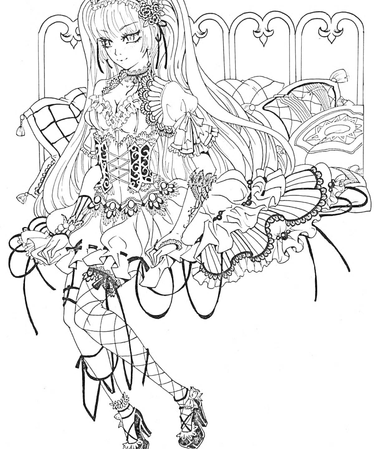 Раскраска Девушка в сложном готическом костюме, длинные волосы, кружевные чулки, много деталей на костюме, кровать и подушки на заднем плане