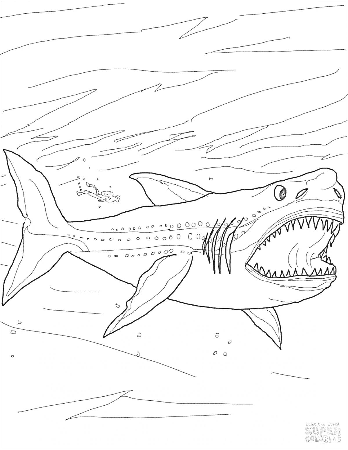Раскраска с мегалодоном, подводное животное в окружении воды и рыб