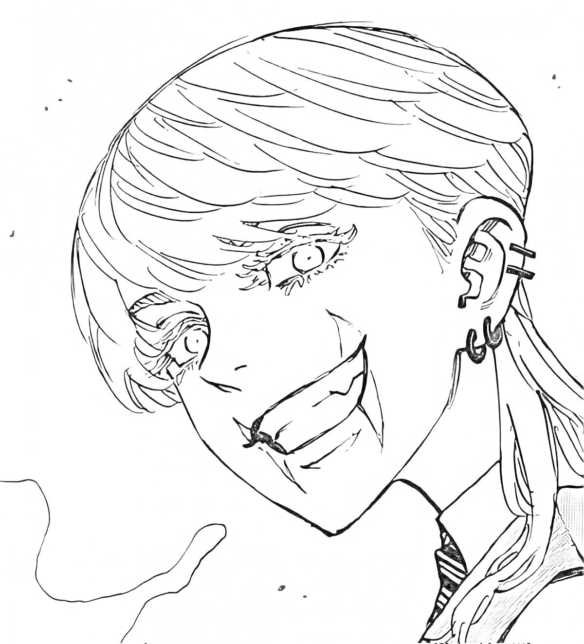 Раскраска Портрет человека с серьгами и прической в стиле андеркат, улыбающегося с открытыми глазами и клыками