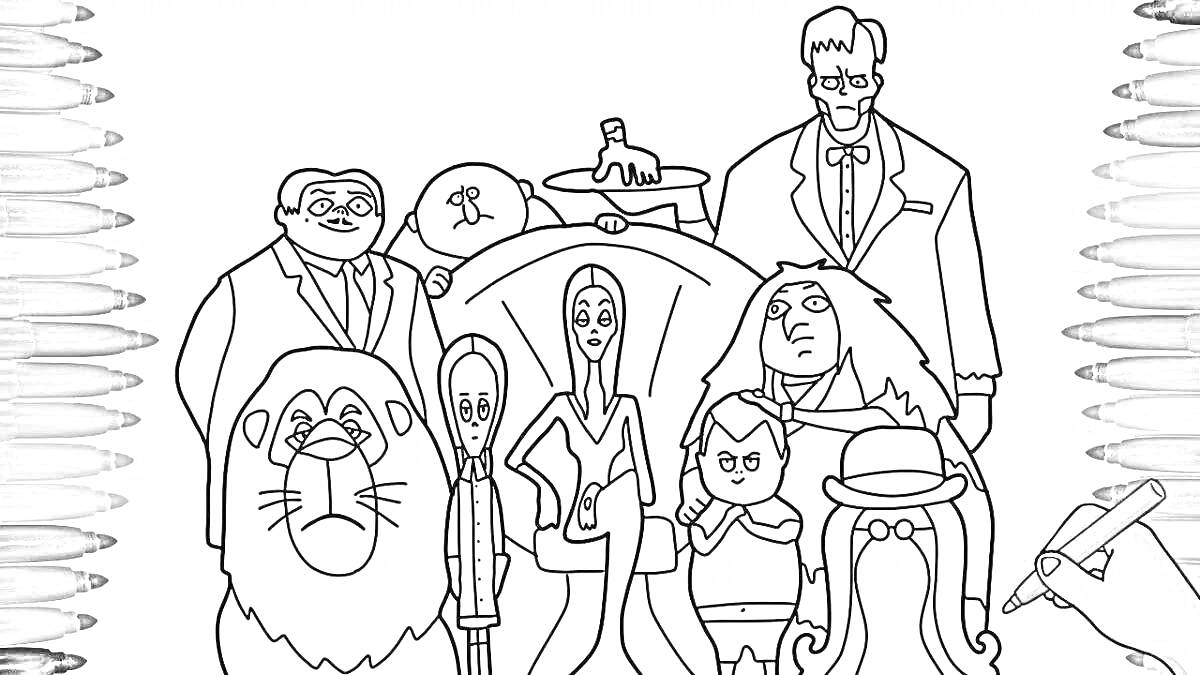 Раскраска Семейный портрет персонажей (женщина с длинными волосами, мужчина в очках, мужчина с бородой и шляпой, мужчина с длинными светлыми волосами, мужчина с высоким лбом, женщина с длинными прямыми волосами, мальчик, лев).