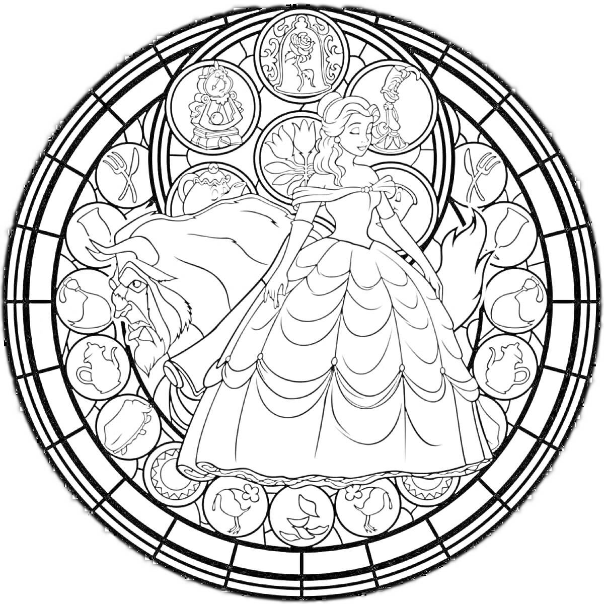 Раскраска Витраж с девушкой в платье и львом, окружённый кругами с изображениями персонажей и символами