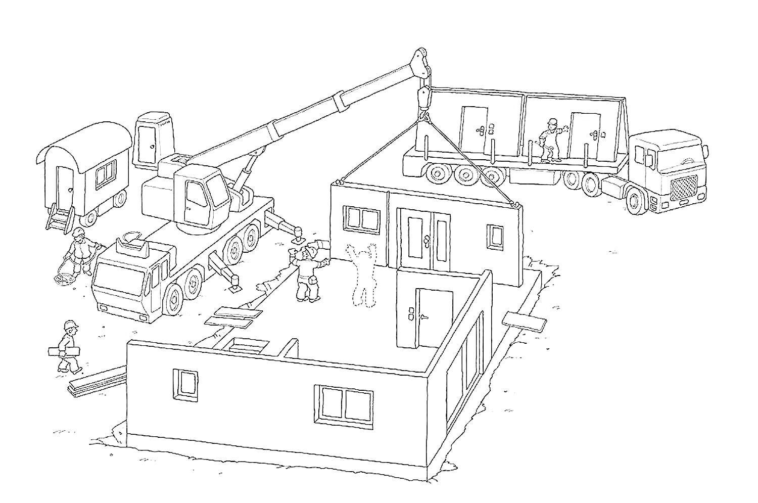 На раскраске изображено: Дом, Кран, Конструкция, Строительство, Окна, Трейлер, Крыша