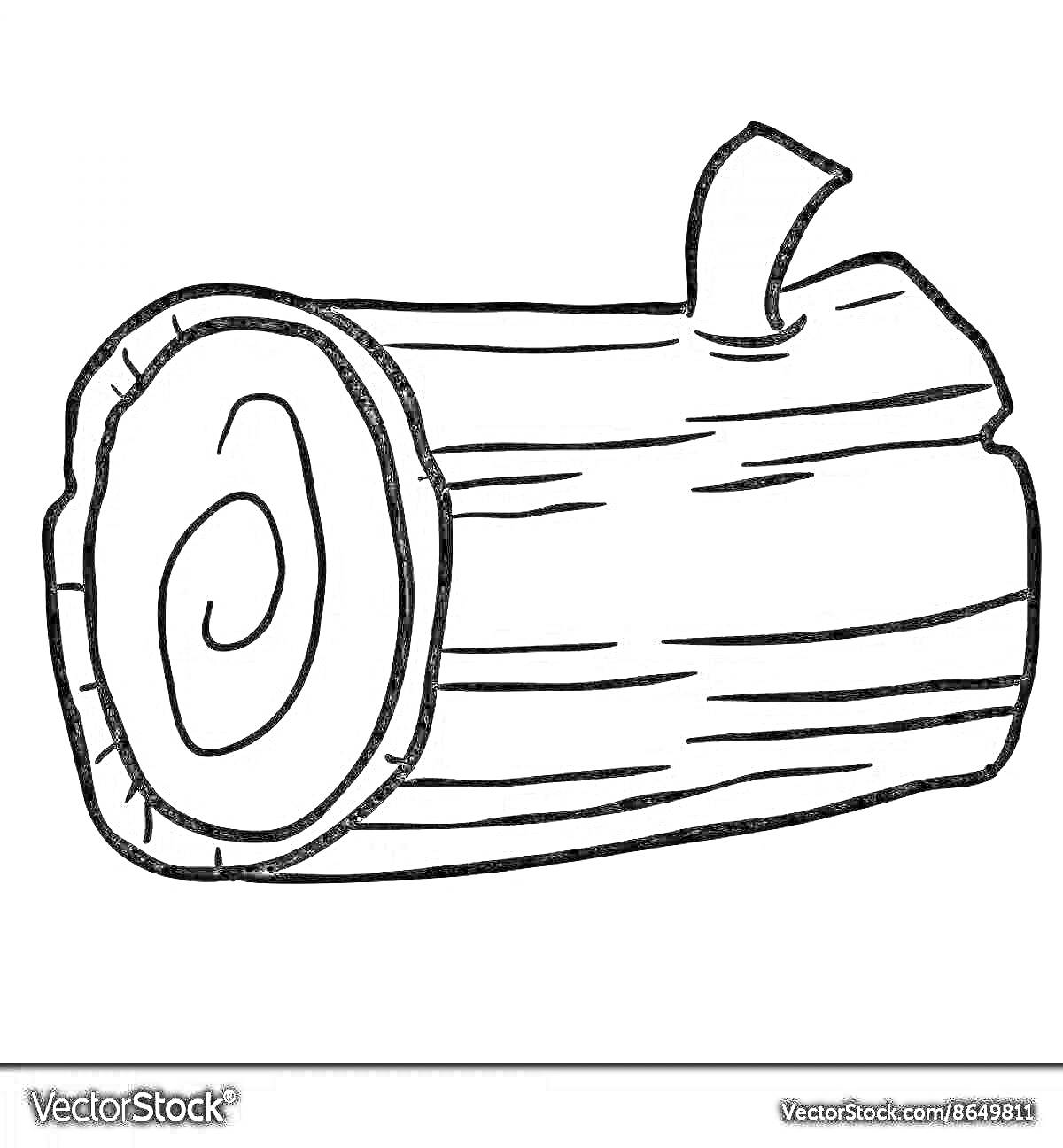 Раскраска с изображением бревна с сучком, представлен болван древесины с поперечным срезом и корой.