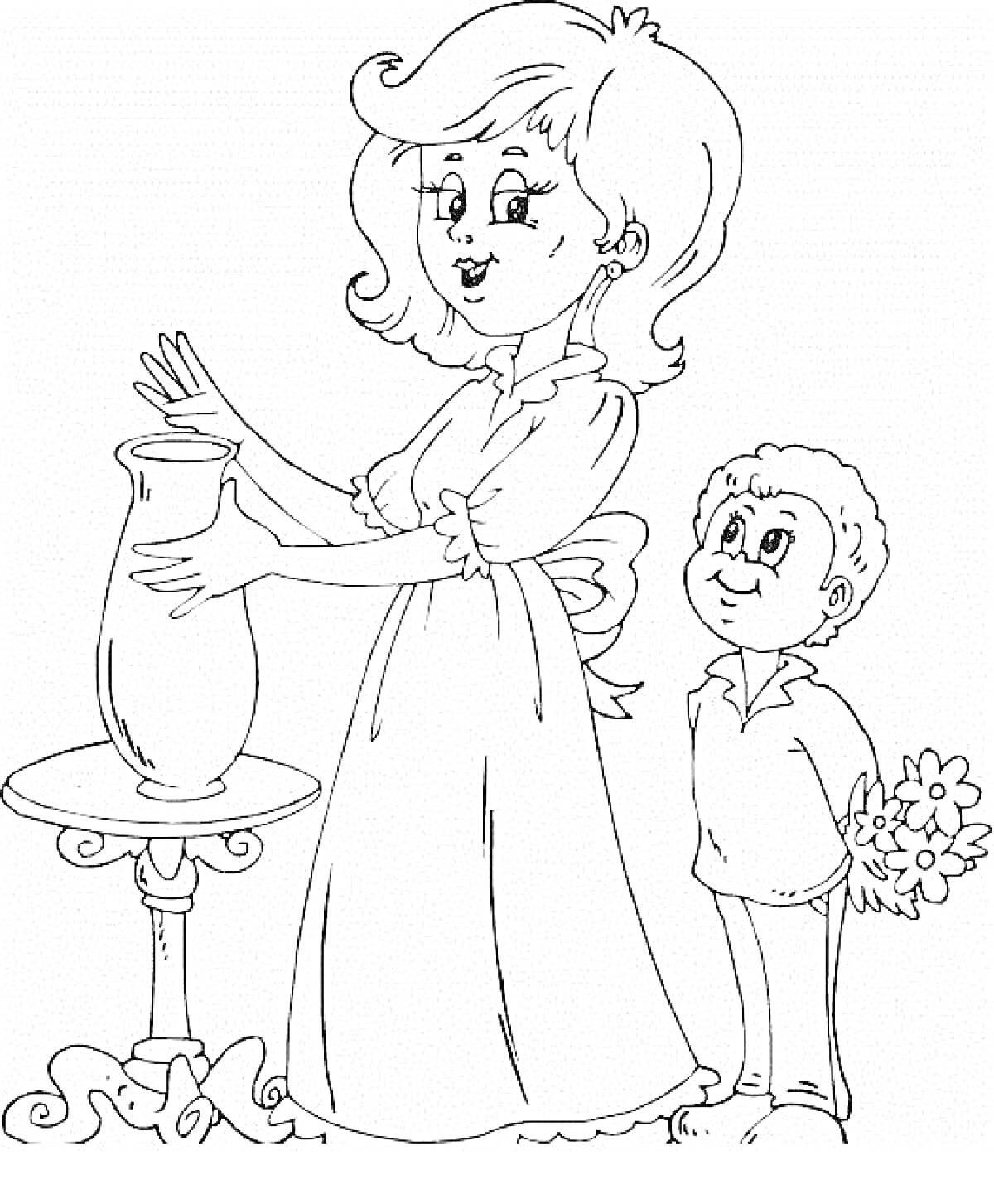 Мама с вазой на подставке и маленький мальчик с букетом цветов