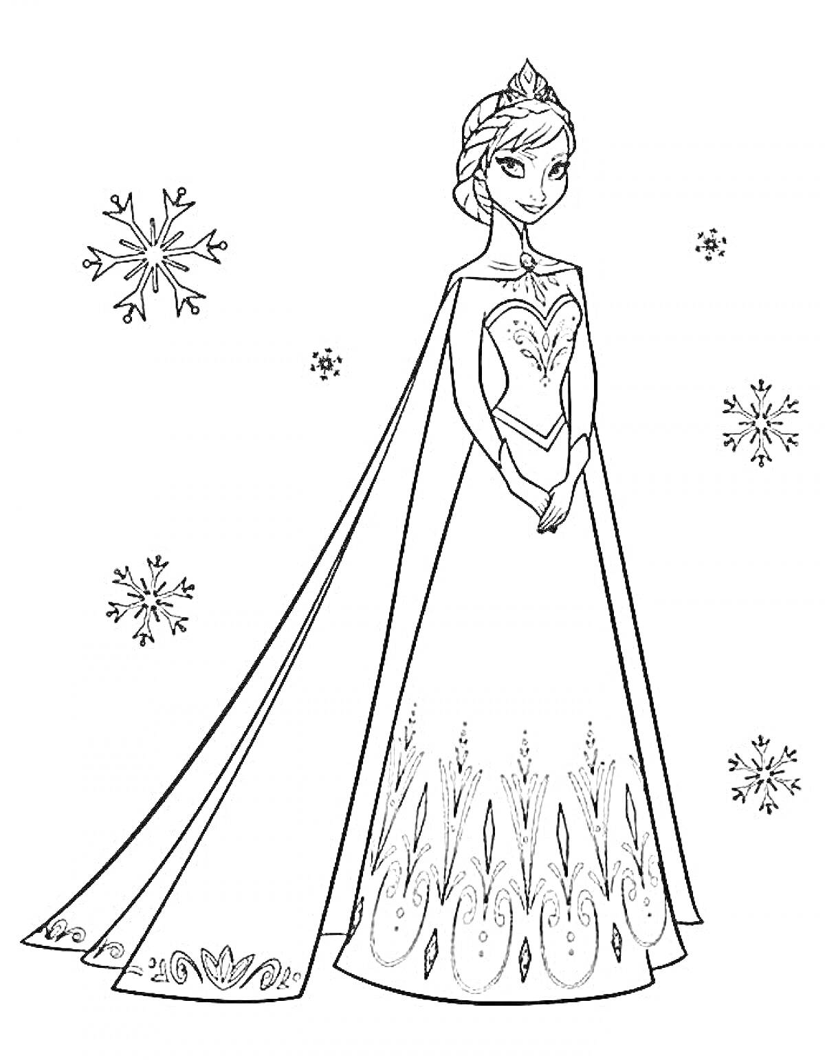 На раскраске изображено: Принцесса, Длинная коса, Платье, Снежинки, Анна, Эльза