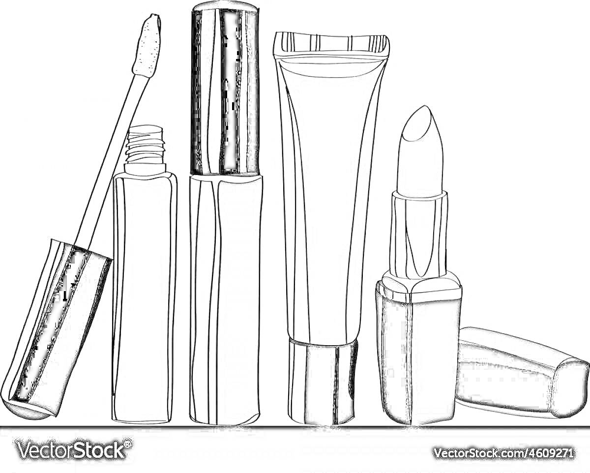 На раскраске изображено: Блеск для губ, Губная помада, Аппликатор, Косметика, Макияж, Тюбик, Колпачок