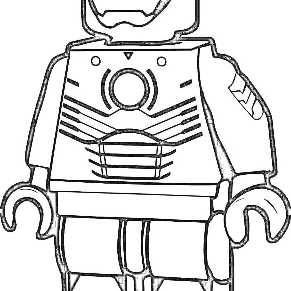Раскраска Раскраска Лего Железный Человек в бронекостюме с деталями на груди и правом плече