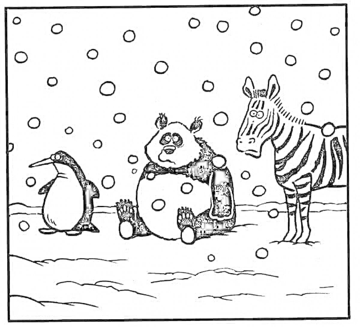 Раскраска Пингвин, панда и зебра стоят на снегу под падающим снегом