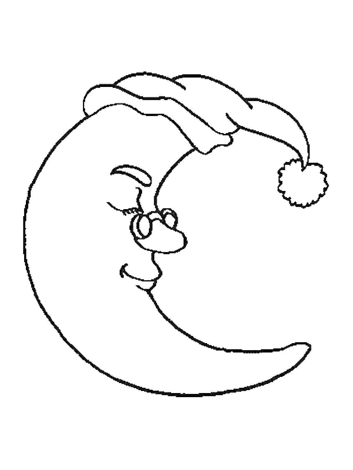 На раскраске изображено: Месяц, Очки, Улыбка, Сон, Ночь, Космос, Луна, Колпаки