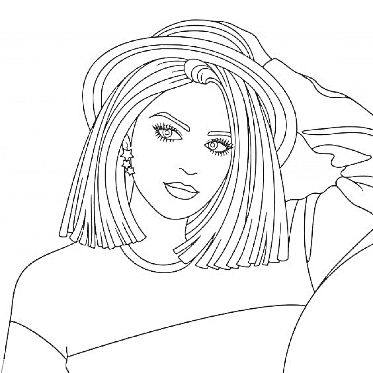 Раскраска Девушка в шляпе с длинными волосами и серьгами в форме звезд