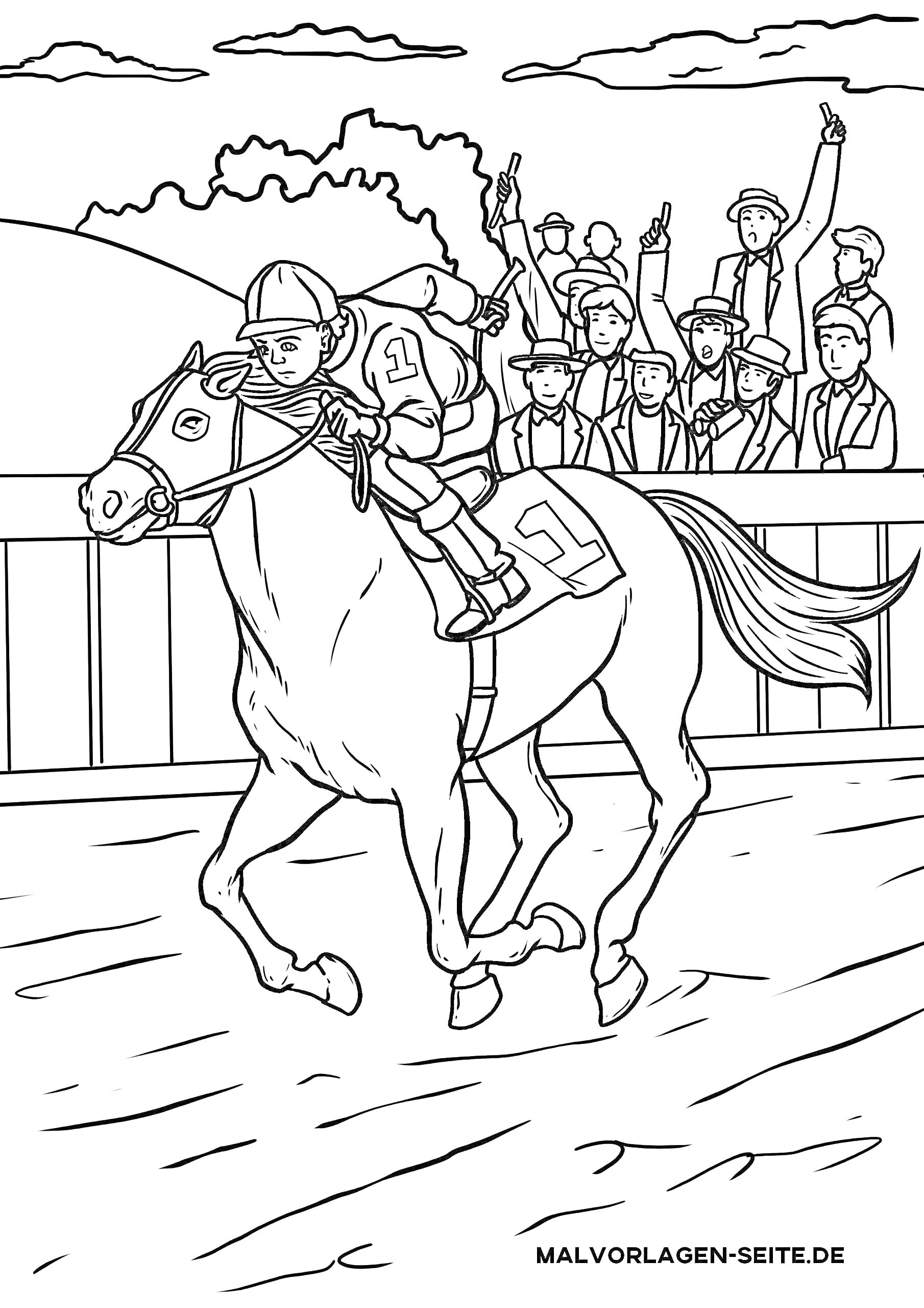 Раскраска Наездник на лошади на скачках, зрители на трибунах.