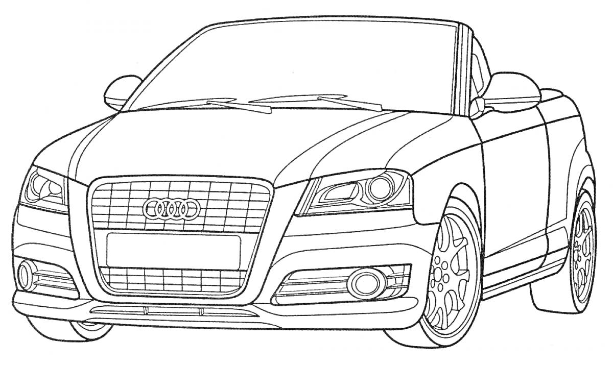 На раскраске изображено: Кабриолет, Audi, Транспорт, Фары, Колеса, Авто
