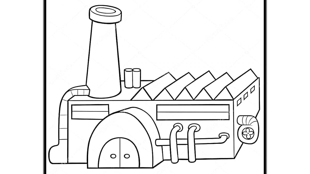 На раскраске изображено: Завод, Труба, Крыша, Здание, Промышленность