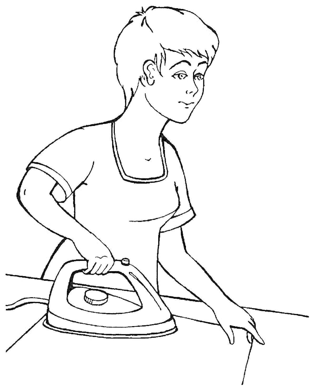 Раскраска Женщина гладит одежду утюгом на гладильной доске