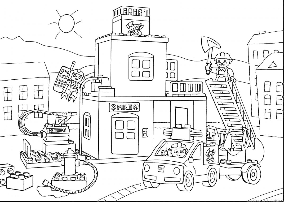 На раскраске изображено: Лего, Пожарная машина, Пожарные, Вертолет, Здания, Лестница, Солнце, Инструмент, Города
