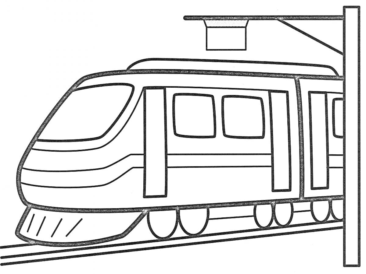 На раскраске изображено: Трамвай, Остановка, Навес, Рельсы, Транспорт, 4 года, 5 лет, Поездка, Городской транспорт