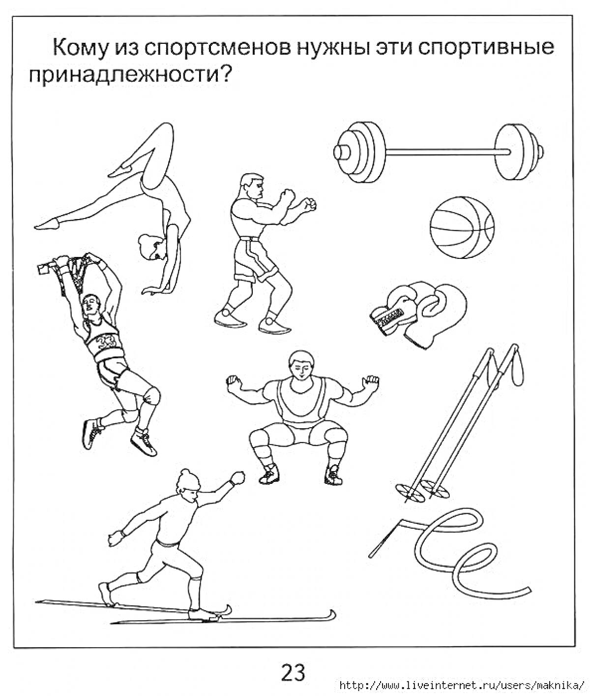 На раскраске изображено: Спорт, Зимние виды спорта, Гимнастика, Штангист, Баскетбол, Бокс, Лыжи, Подготовительная группа