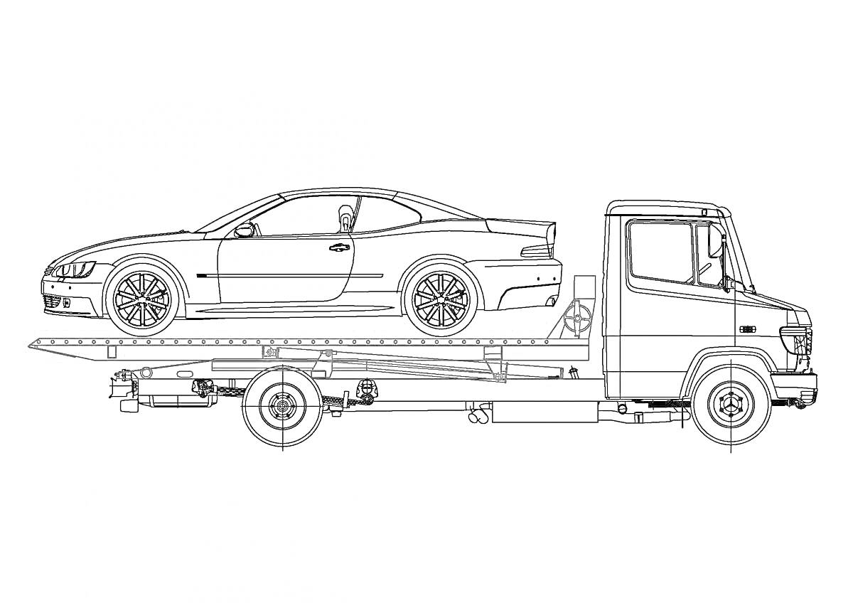 Пикап эвакуатор перевозит легковой автомобиль