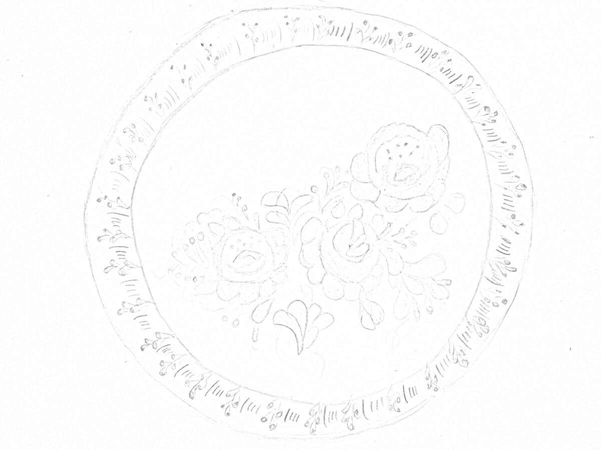 Раскраска Гжельская тарелка с цветочным орнаментом из роз и узором по краю