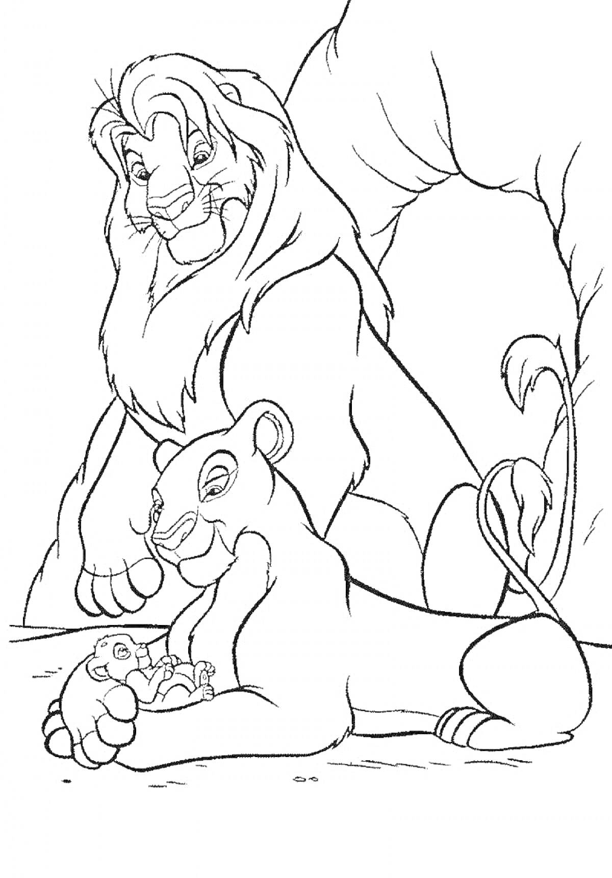 На раскраске изображено: Король Лев, Львы, Семья, Саванна, Из мультфильмов, Животные