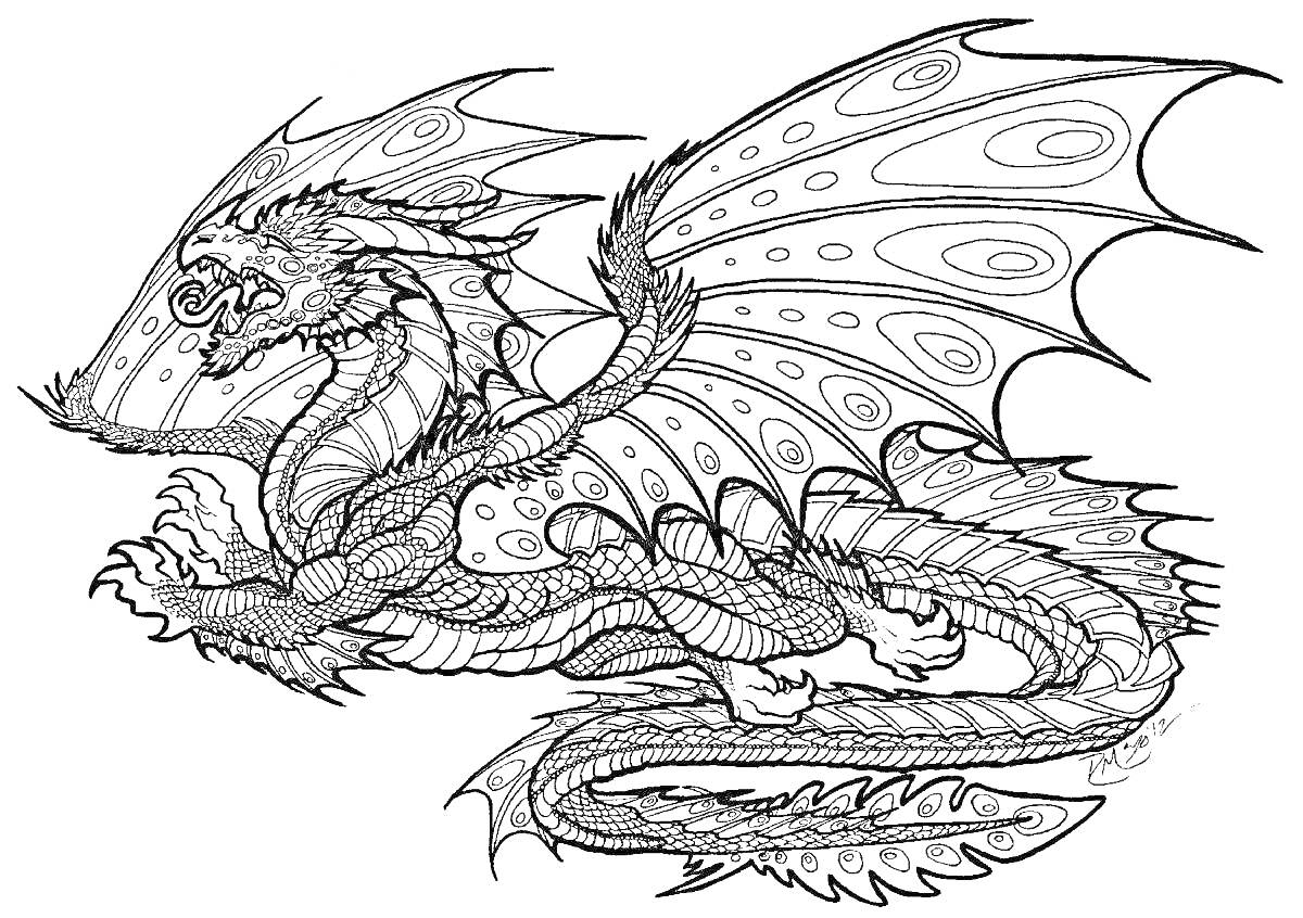 Раскраска Дракон с развёрнутыми крыльями и сложной чешуйчатой текстурой тела