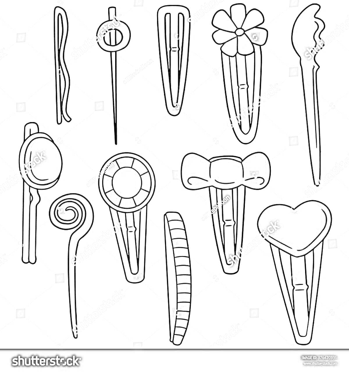 Раскраска Зажимы для волос – различные формы и стили, включая спираль, сердце, цветок, бантик, круг, шпильку и гребень.