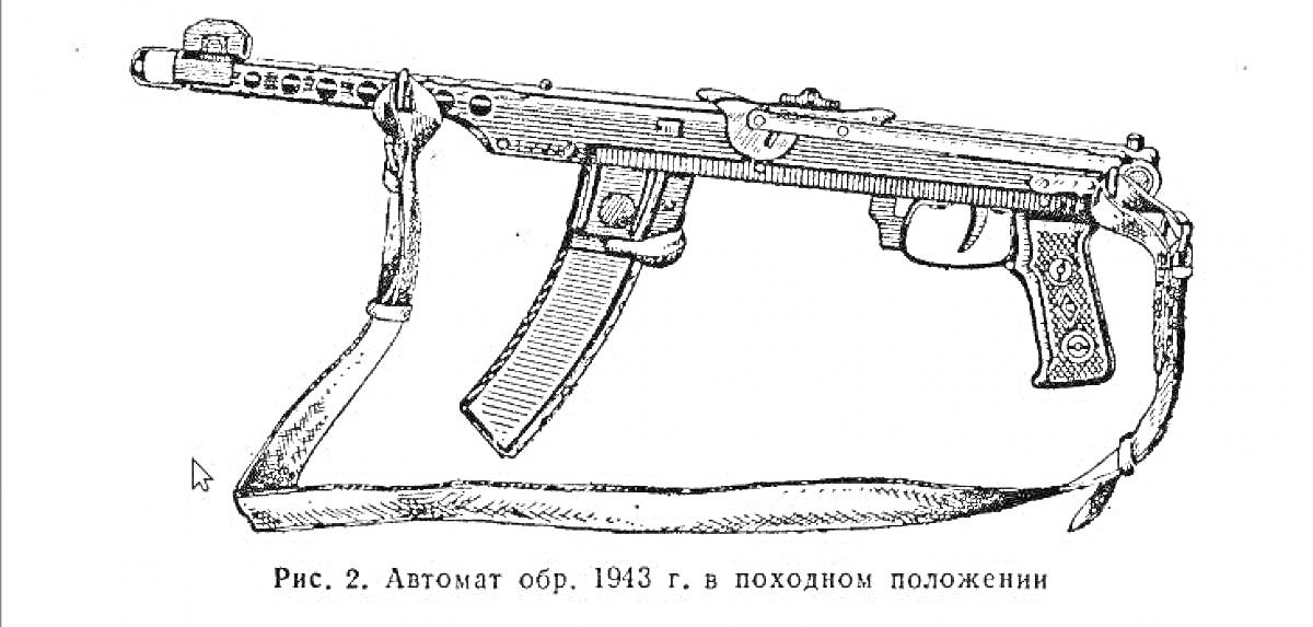 Раскраска Автомат обр. 1943 г. ППШ в походном положении с прикрепленным ремнем