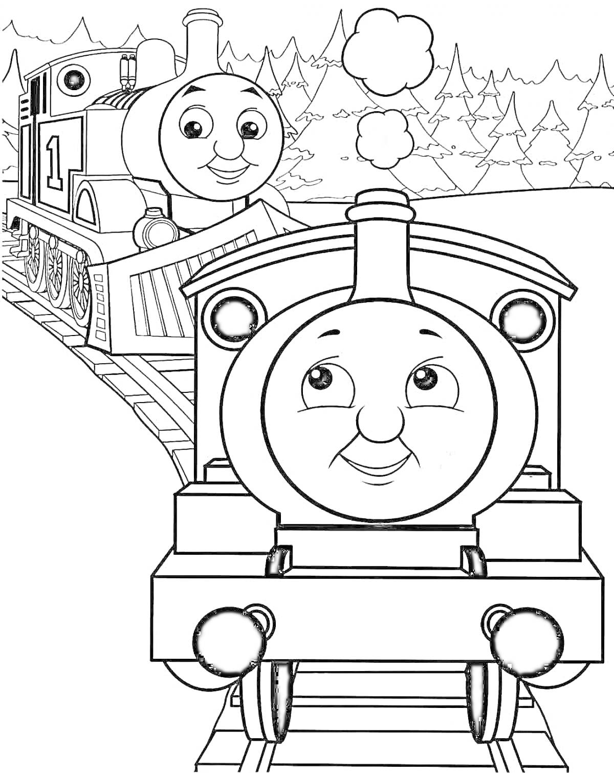 Раскраска Поезд Томас с лицом на переднем и заднем плане, едущий по железной дороге на фоне леса и гор