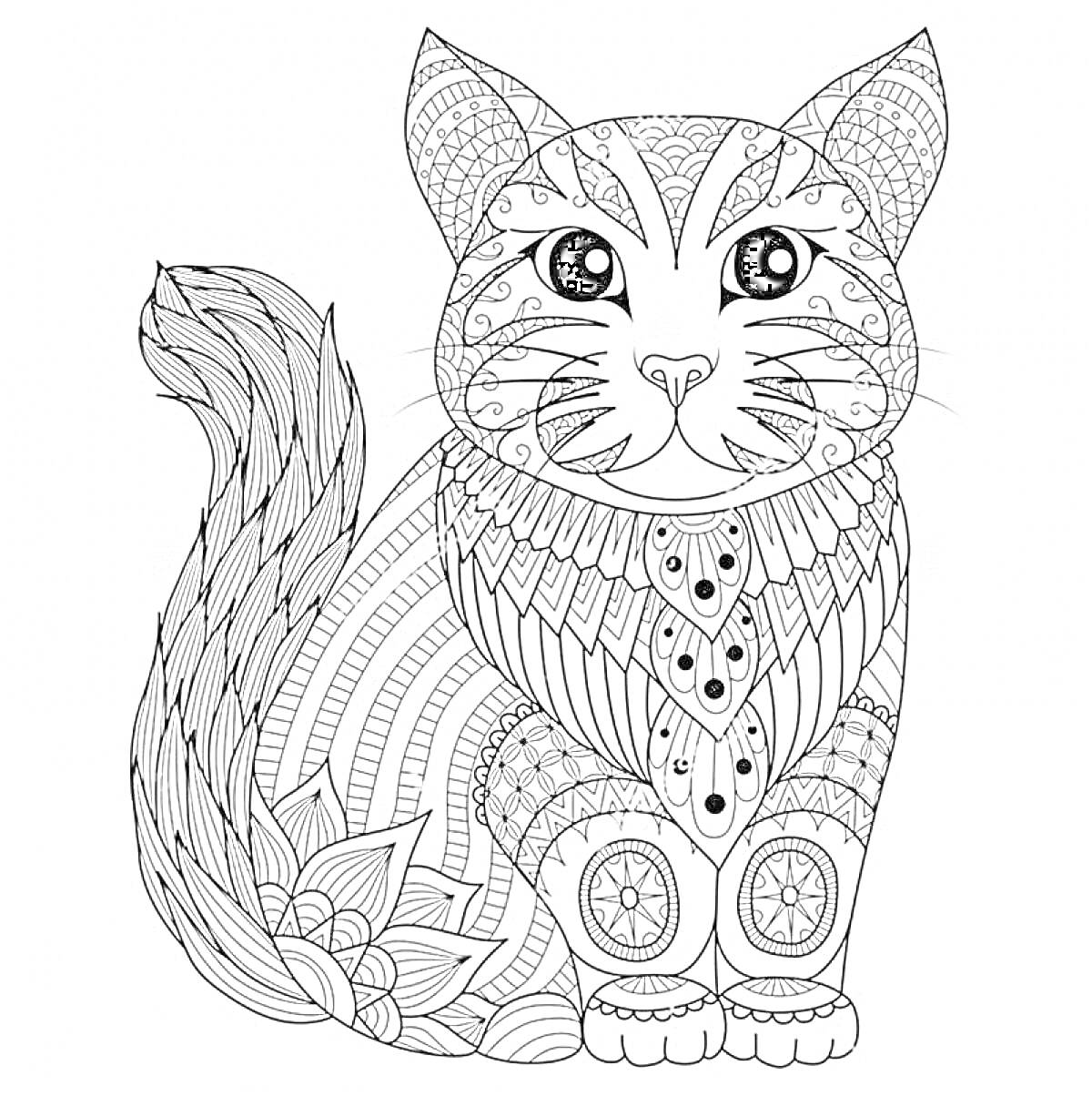 Антистресс раскраска с кошкой, украшенная сложными геометрическими узорами, завитками и цветочными элементами.