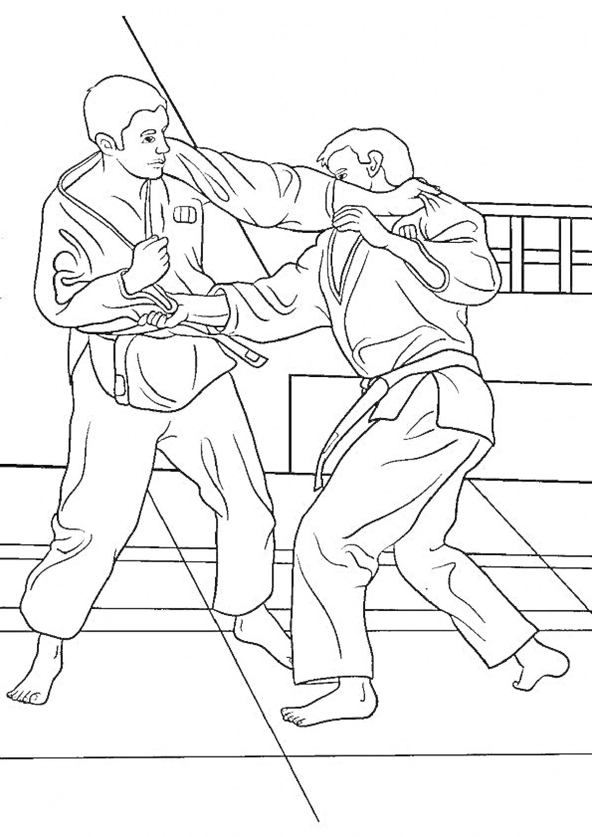 На раскраске изображено: Борьба, Кимоно, Спорт, Поединок, Тренировка