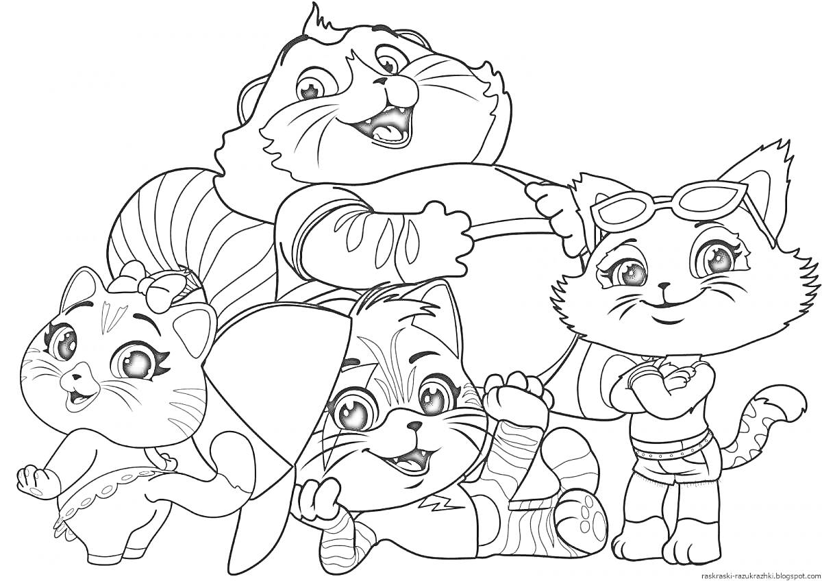 Раскраска Группа персонажей-кошек с аксессуарами (бабочка, очки, бантики)