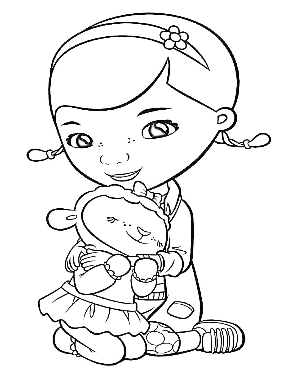 Раскраска Девочка с двумя косичками и цветком в волосах обнимает овечку в юбке