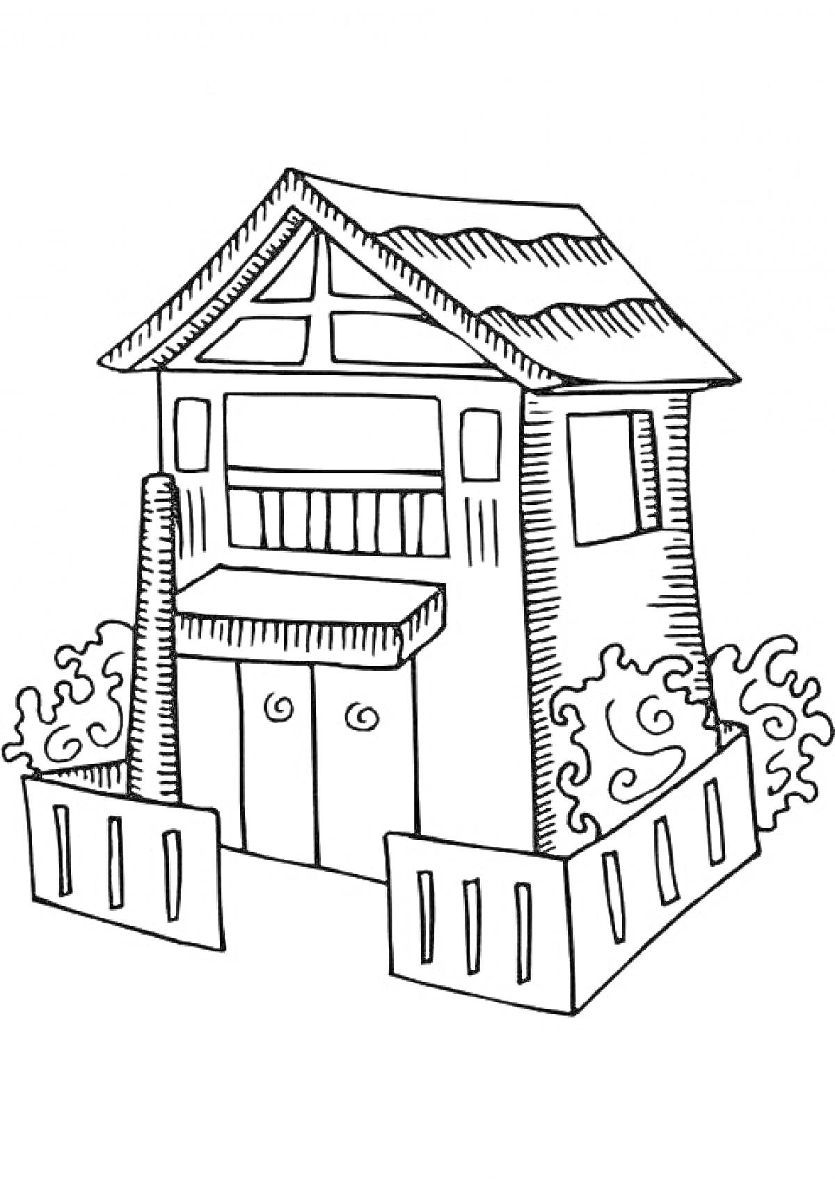 Раскраска Двухэтажный дом с забором и кустами
