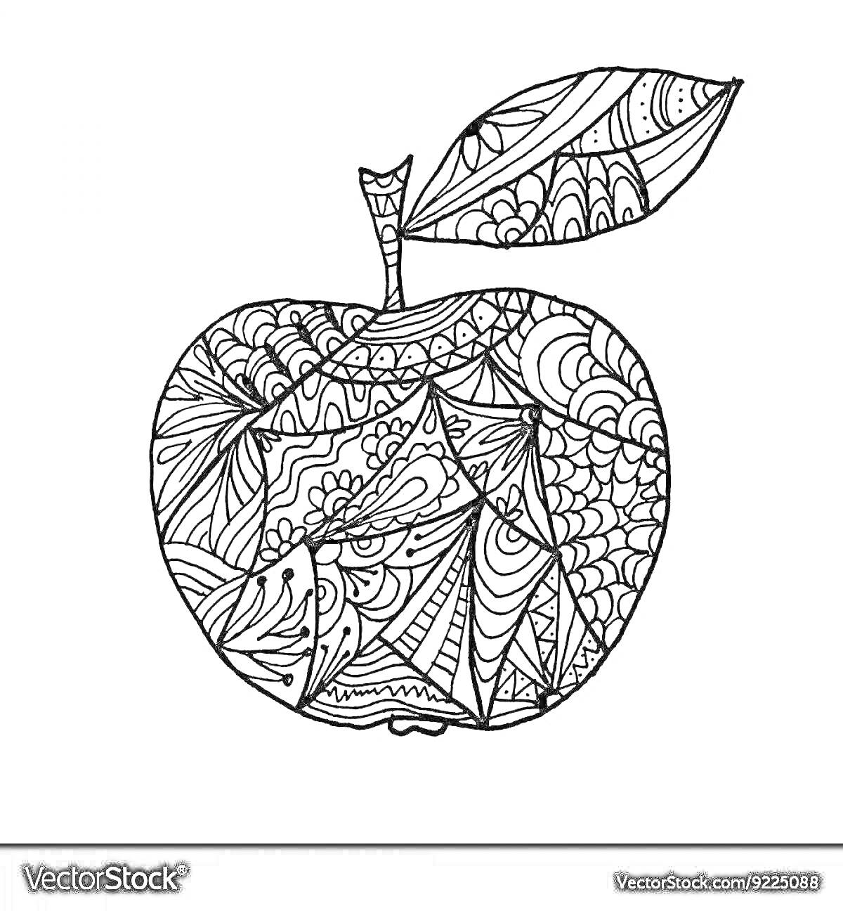 Раскраска Яблоко с листьями, наполненное абстрактными узорами и элементами мандалы