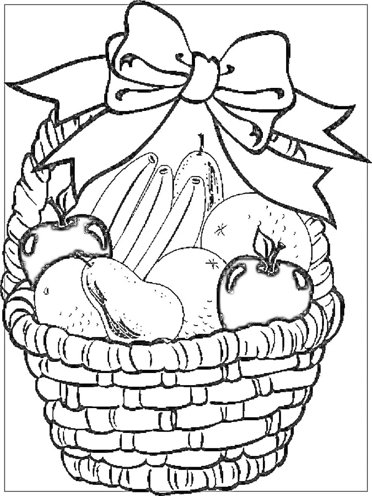 Раскраска Корзинка с фруктами и бананами, яблоки, груша, апельсин и бананы, украшенная бантом