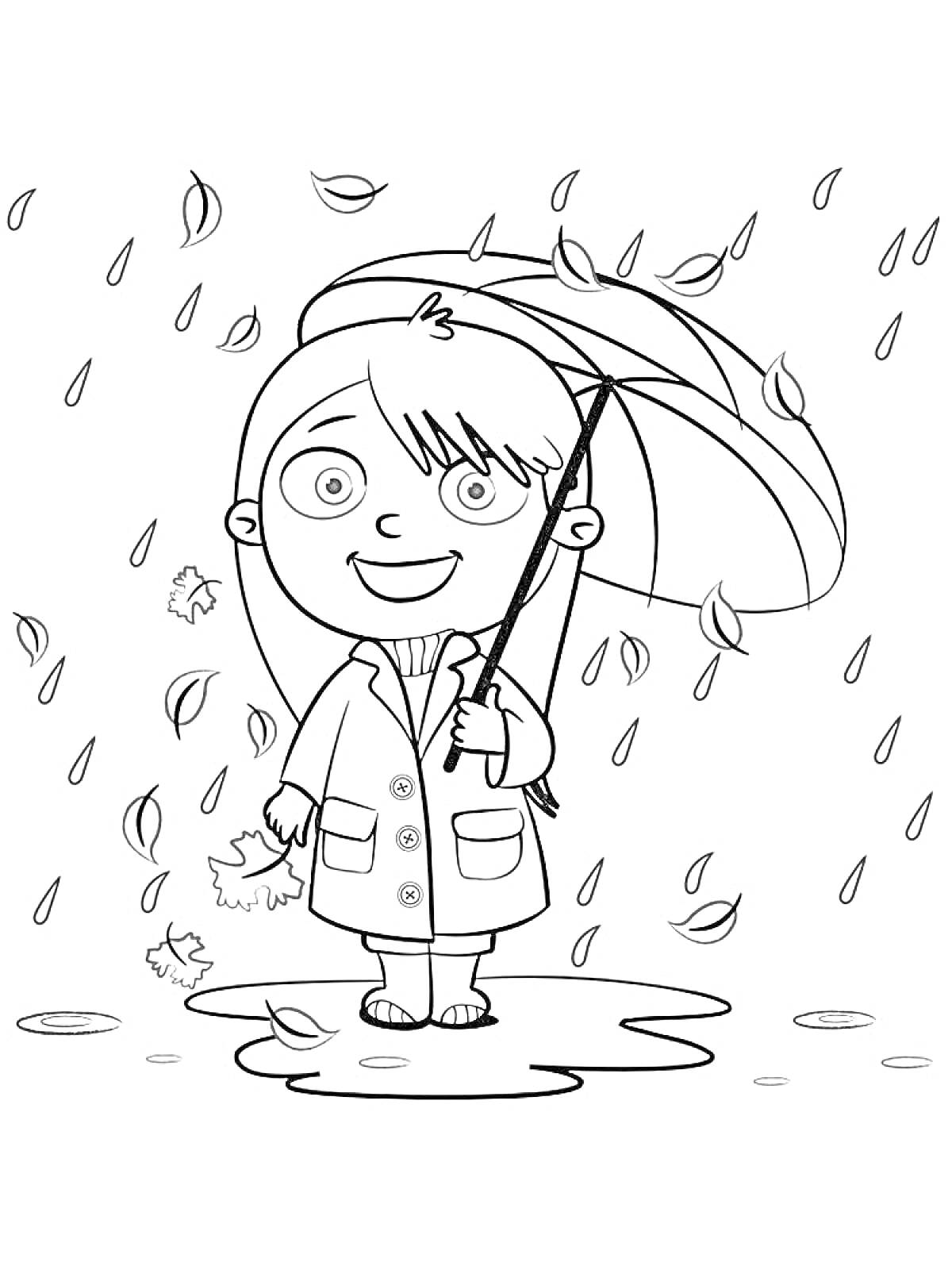 На раскраске изображено: Дождь, Зонт, Девочка, Листья, Осень, Небо, Ребёнок, Лужа, Улицы