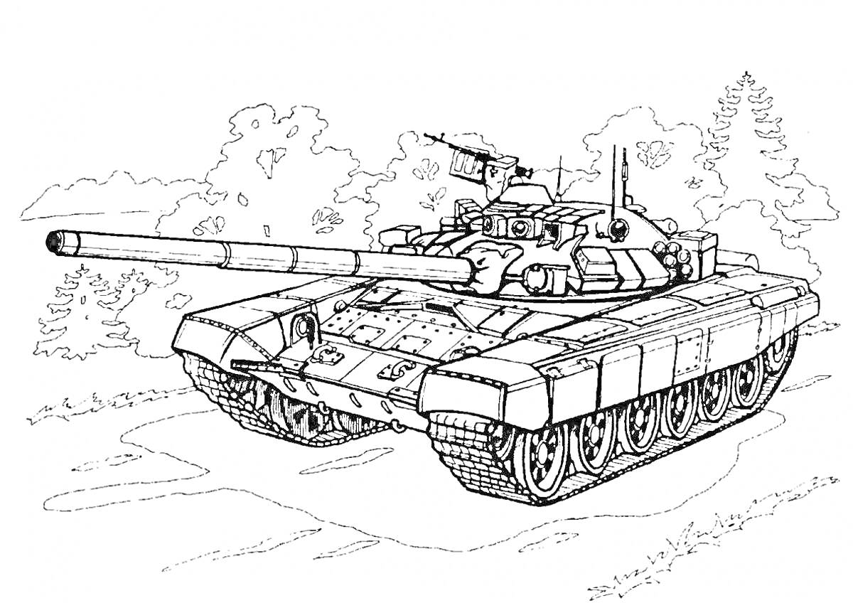 Раскраска Танк Т-34 на дороге в лесу с пушкой, кустами и деревьями на заднем плане
