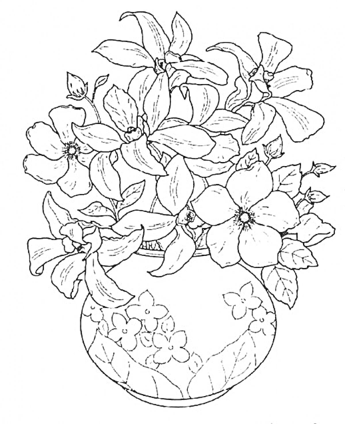 Раскраска Букет цветов в вазе с цветочным узором