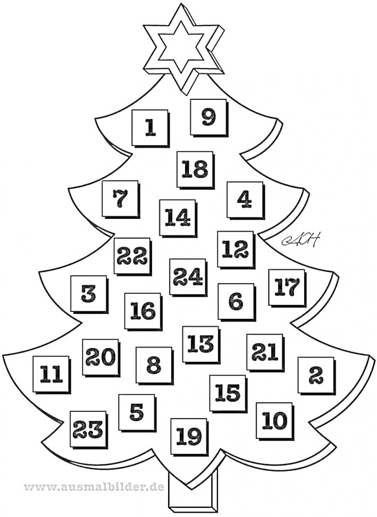 Раскраска Адвент календарь в форме елки со звёздной вершиной и пронумерованными днями от 1 до 24