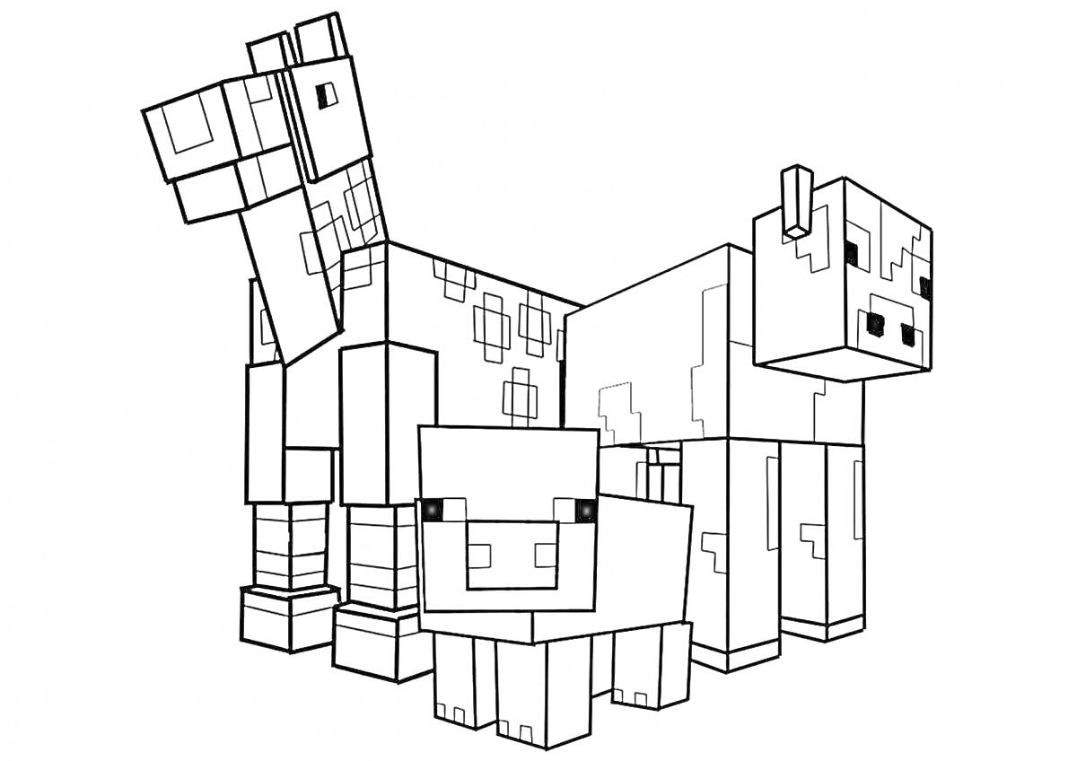 На раскраске изображено: Майнкрафт, Корова, Лошадь, Животные, Пиксельный стиль, Игра