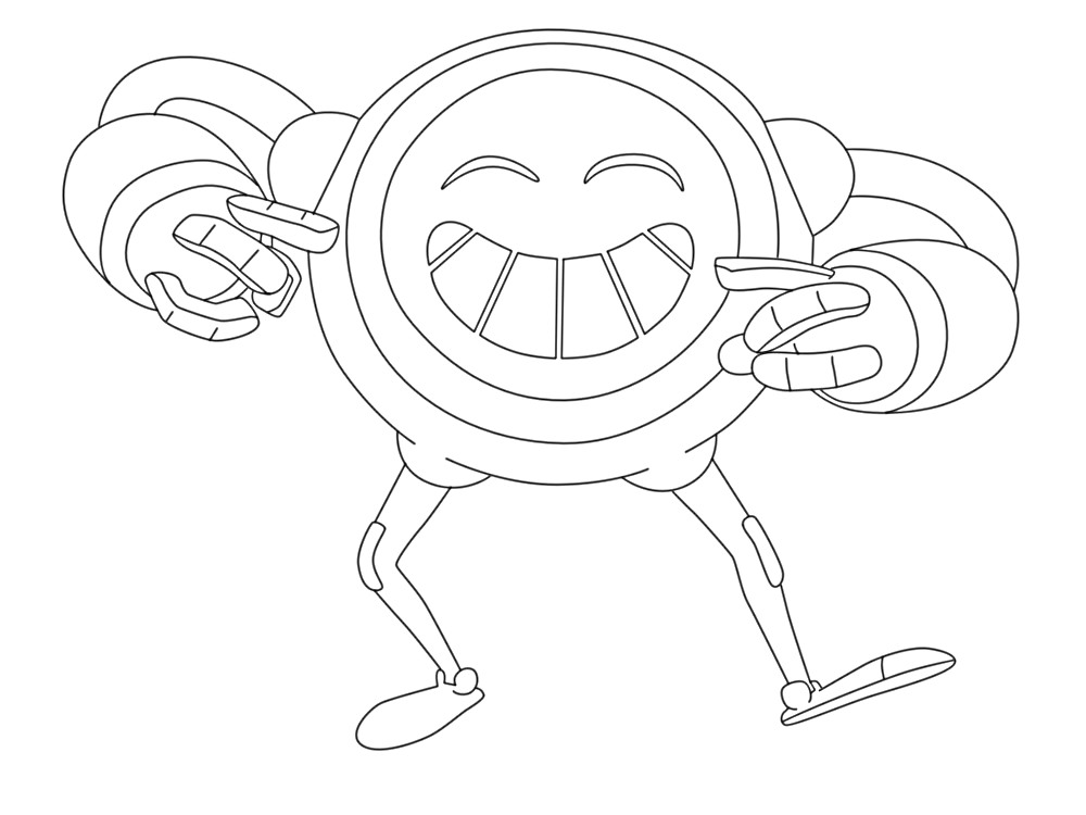 Робот с круглым телом, улыбающимся лицом и поднятыми руками