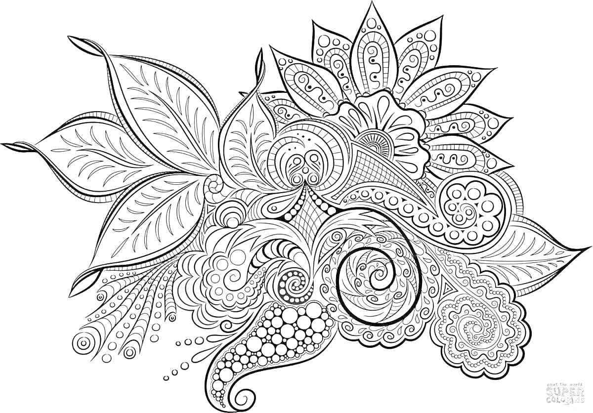 Раскраска Цветочная мандала с лепестками, узорами и завитками