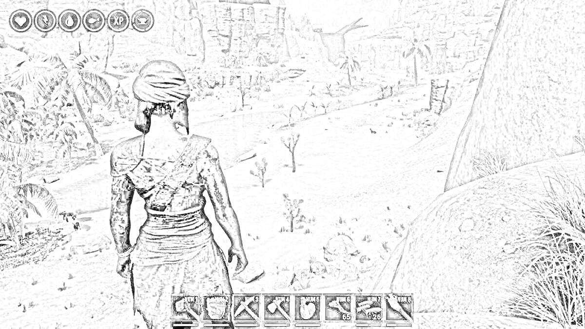 Игровой персонаж в Conan Exiles рядом с рекой и скалами, вид на дальние строения, деревья и оружие в инвентаре